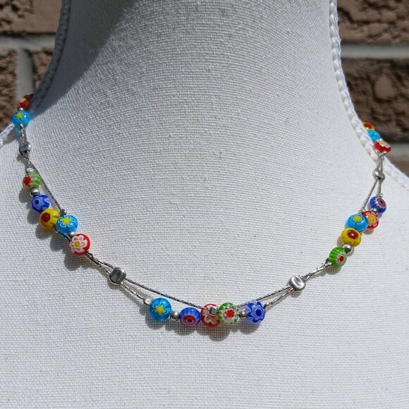 Sterling Silver Millefiori Necklace Multicolour - Picture 1 of 3